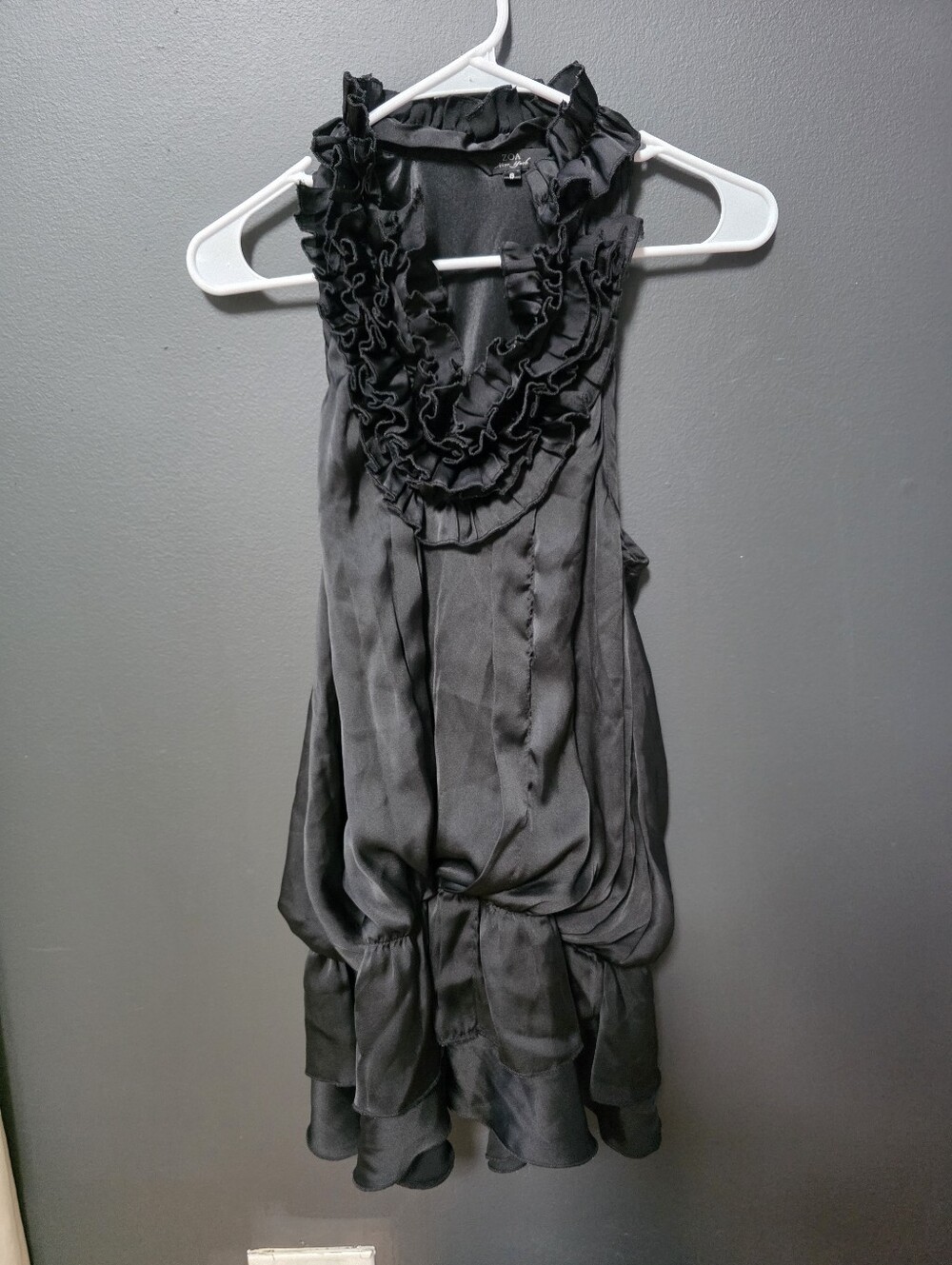 Black Sleeveless Halter Satin Ruffled Collar Tiered Flounce Ruffle Hem Tunic S